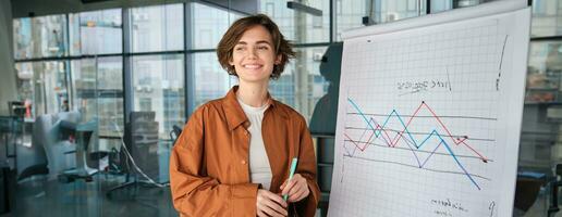 Porträt von jung Geschäftsfrau, Digital Nomade Stehen mit Marker in der Nähe von Tafel im Büro, Zeichnung ein Diagramm, geben Präsentation im Vorderseite von Team, lächelnd beim Kamera foto