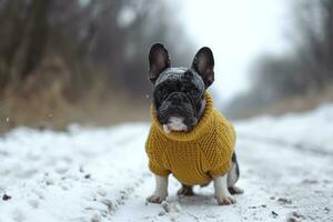 ai generiert ein Französisch Bulldogge tragen Gelb Sweatshirt auf schneebedeckt Straße foto