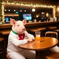 ai generiert Schwein gekleidet im ein festlich Urlaub passen und Bogen, Sitzung beim ein Tabelle im ein Bar. anthropomorph Tiere. generativ ai. foto