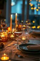 ai generiert ein Essen Tabelle einstellen mit Wein Brille und Kerzen foto