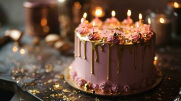 ai generiert ein Rosa Geburtstag Kuchen geschmückt mit Gold tropfen Glasur foto