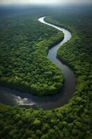 ai generiert Antenne Aussicht von das Amazonas Urwald Landschaft mit Fluss biegen. generativ ai foto