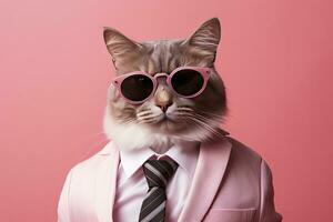 ai generiert ein Katze ist tragen Sonnenbrille und passen auf Rosa Hintergrund. ai generiert foto