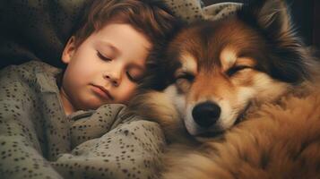 ai generiert generativ ai, süß Kind und Hund Schlafen auf gemütlich warm Decke im das Bett, Freundschaft Konzept, Hygge Stil, stumm geschaltet ästhetisch Farben foto