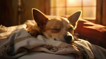 ai generiert generativ ai, süß Hund Schlafen auf gemütlich warm Decke in der Nähe von das Fenster, Hygge Stil foto