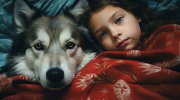 ai generiert generativ ai, süß Kind und Hund Schlafen auf gemütlich warm Decke im das Bett, Freundschaft Konzept, Hygge Stil, stumm geschaltet ästhetisch Farben foto