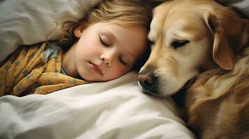ai generiert generativ ai, süß Kind und Hund Schlafen auf gemütlich warm Decke im das Bett, Freundschaft Konzept, Hygge Stil, stumm geschaltet ästhetisch Farben foto