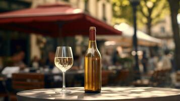 ai generiert generativ ai, Glas von Wein und Flasche auf hölzern Tabelle mit verwischen Hintergrund mit Beleuchtung von Straße Bar, Cafe, Kaffee Geschäft oder Restaurant, Wein spotten oben foto