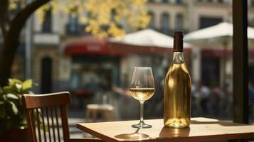 ai generiert generativ ai, Glas von Wein und Flasche auf hölzern Tabelle mit verwischen Hintergrund mit Beleuchtung von Straße Bar, Cafe, Kaffee Geschäft oder Restaurant, Wein spotten oben foto