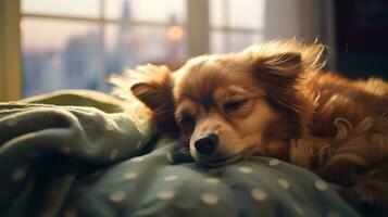 ai generiert generativ ai, süß Hund Schlafen auf gemütlich warm Decke in der Nähe von das Fenster, Hygge Stil foto