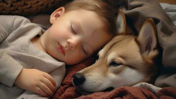 ai generiert generativ ai, süß Kind und Hund Schlafen auf gemütlich warm Decke im das Bett, Freundschaft Konzept, Hygge Stil, stumm geschaltet ästhetisch Farben foto