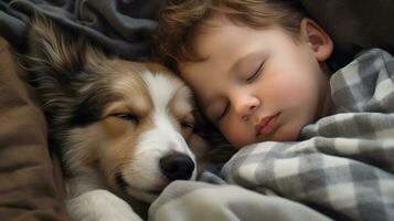 ai generiert generativ ai, süß Kind und Hund Schlafen auf gemütlich warm Decke im das Bett, Freundschaft Konzept, Hygge Stil, stumm geschaltet ästhetisch Farben foto