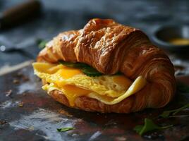 ai generiert ein Croissant Sandwich und ein Tasse von Kaffee sind auf oben von ein Teller foto