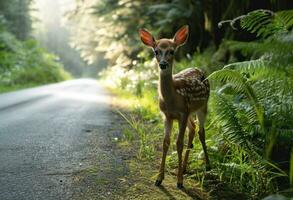 ai generiert ein schön Hirsch steht auf das Straße im das Wald foto