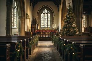 ai generiert ein leeren Kirche dekoriert zum Weihnachten mit Weihnachten Bäume foto