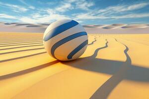ai generiert ein Volleyball Ball legen beim das Base von Sand auf ein Strand foto