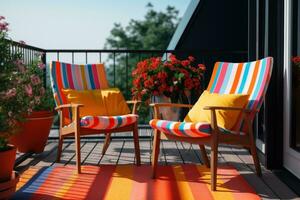 ai generiert schön Stuhl einstellen auf Balkon im hell Schatten von Farbe foto