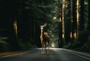 ai generiert ein schön Hirsch steht auf das Straße im das Wald foto