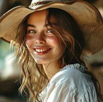 ai generiert schön Mädchen lächelnd im ein Hut foto
