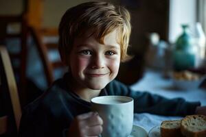 ai generiert ein jung Junge mit ein Tasse von Milch und Brot foto
