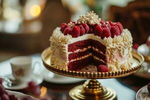 ai generiert ein golden Stand geschmückt rot Samt Kuchen mit Himbeeren foto