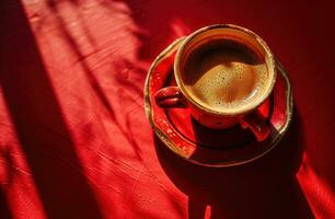 ai generiert ein Tasse von Kaffee ist platziert auf ein rot Hintergrund foto