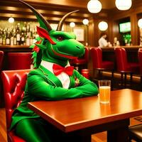 ai generiert Grün Drachen gekleidet im ein festlich Urlaub passen Sitzung beim ein Tabelle im ein Bar. anthropomorph Tiere. generativ ai. foto