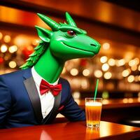 ai generiert Grün Drachen gekleidet im ein festlich Urlaub passen Sitzung beim ein Tabelle im ein Bar. anthropomorph Tiere. generativ ai. foto