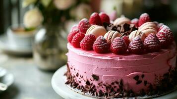 ai generiert Beschreibung von ein Rosa Kuchen mit Makronen, Himbeeren foto