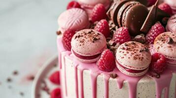 ai generiert Beschreibung von ein Rosa Kuchen mit Makronen, Himbeeren foto