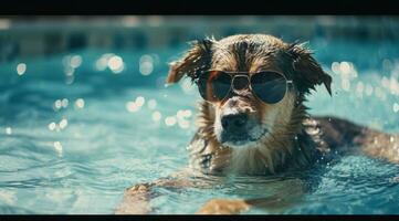 ai generiert cool Hund im Schwimmbad mit Sonnenbrille foto