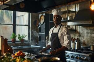 ai generiert schwarz Koch Porträt im Küche mit voll Waffen foto