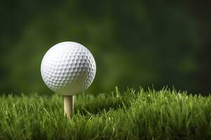 ai generiert Weiß Golf Ball auf hölzern Tee mit Gras. generativ ai foto