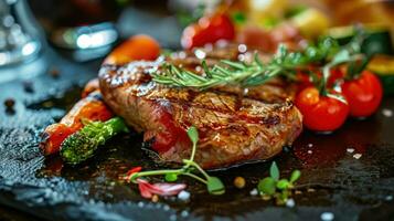 ai generiert Steak mit Gemüse und gegrillt Lachs auf ein dunkel Tabelle foto