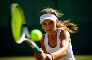 ai generiert Tennisspieler bereit zu schlagen das Ball während Tennis Spiel Frau foto