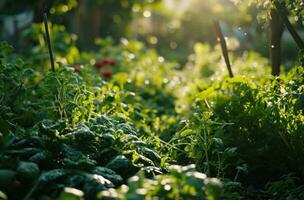 ai generiert das Zuhause Garten ist gefüllt mit Grün Gemüse foto