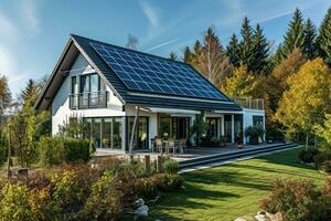 ai generiert Solar- Paneele auf Dach von Haus mit ein öffnen Rasen foto