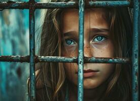 ai generiert jung Mädchen starren durch Riegel mit traurig aussehen Dokumentarfilm, eingefärbt foto