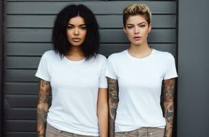 ai generiert zwei Mädchen zeigen ihr T-Shirts gegen ein grau Mauer foto