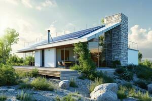 ai generiert Solar- Paneele auf Dach von Haus mit ein öffnen Rasen foto