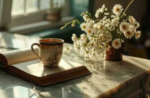 ai generiert das Buch und Kaffee auf das Tabelle mit Blumen ist schön foto