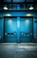 ai generiert drei Blau Garage Türen sind gezeigt im das Mitte von das Raum, industriell Design, foto
