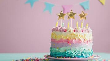 ai generiert beschwingt Pastell- Regenbogen Geburtstag Kuchen mit Ammer und golden Star foto