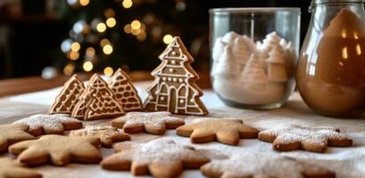 ai generiert Weihnachtszucker Plätzchen Rezept Lebkuchen mit Plätzchen schneider, foto