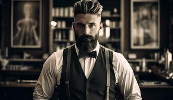 ai generiert Mann mit Bart hinter das Zähler beim Barbier Geschäft foto