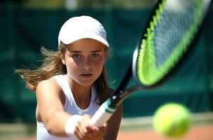 ai generiert Tennisspieler bereit zu schlagen das Ball während Tennis Spiel Frau foto