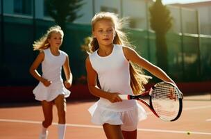 ai generiert zwei Mädchen im Weiß Kleidung üben Tennis foto