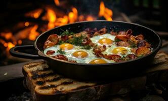 ai generiert ein schwenken mit Eier, Brot und Speck auf oben von das Kamin foto