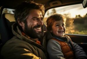 ai generiert ein Mann und seine Sohn beide Sitzung im das Auto, Fahren durch das Landschaft foto