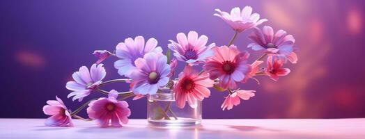 ai generiert ein schließen oben von Blumen im ein Vase auf ein lila Hintergrund foto